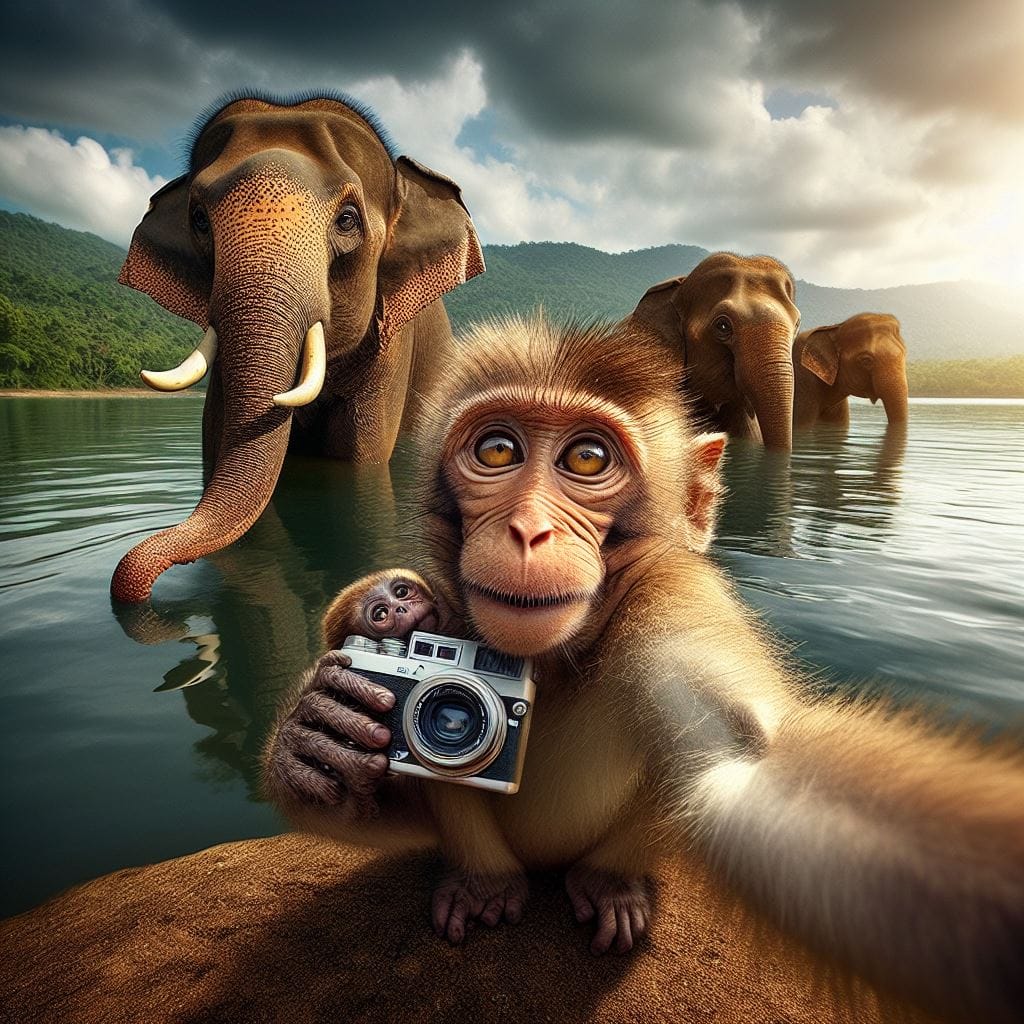 1443. PROMPT:
 ***(monkey and elephants) on the (shore of a pond), Flickr, Sumat…