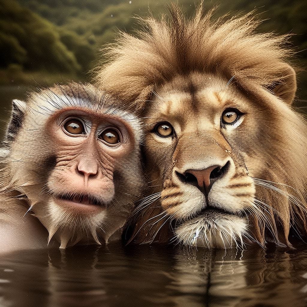 1444. PROMPT:
 ***(monkey and leon) on the (shore of a pond), Flickr, Sumatraism...