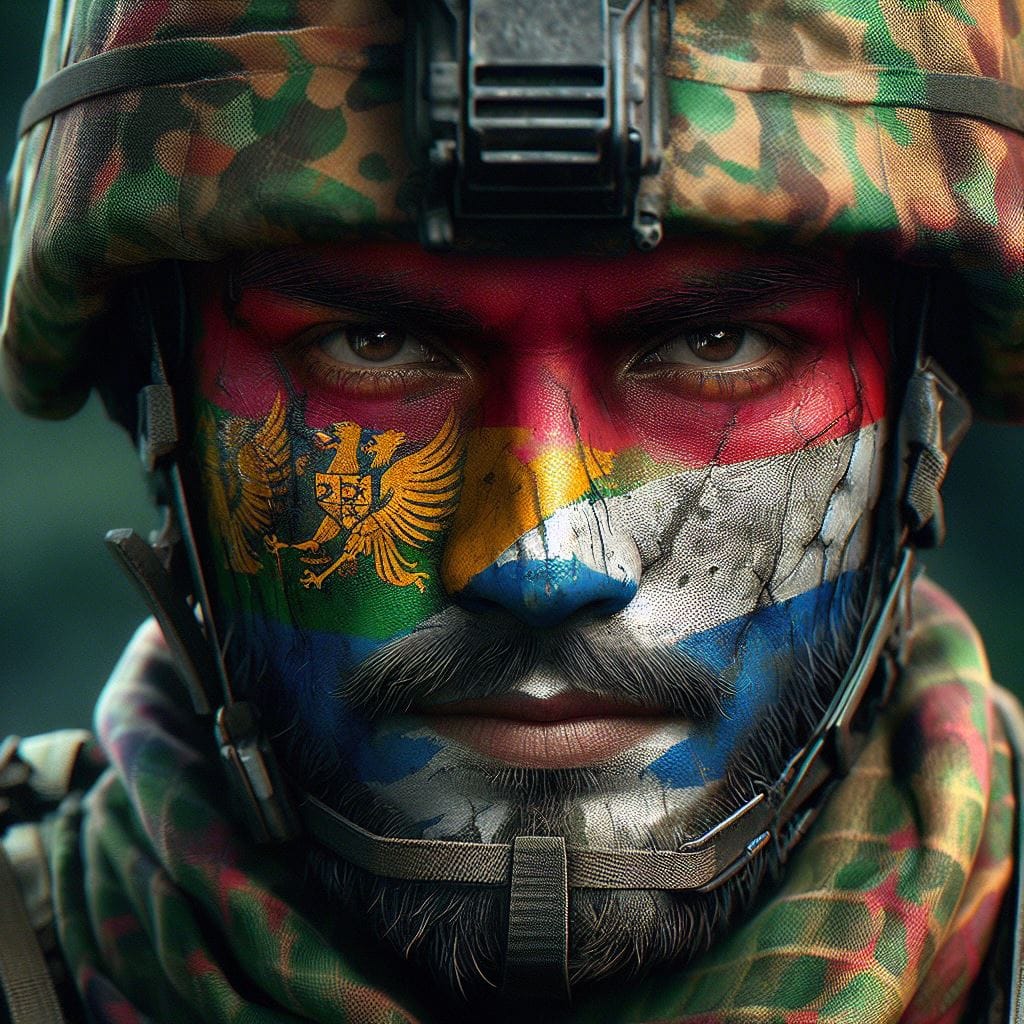 1445. PROMPT:
 Generate an image of {indonesian army} face, covered in {ink colo...