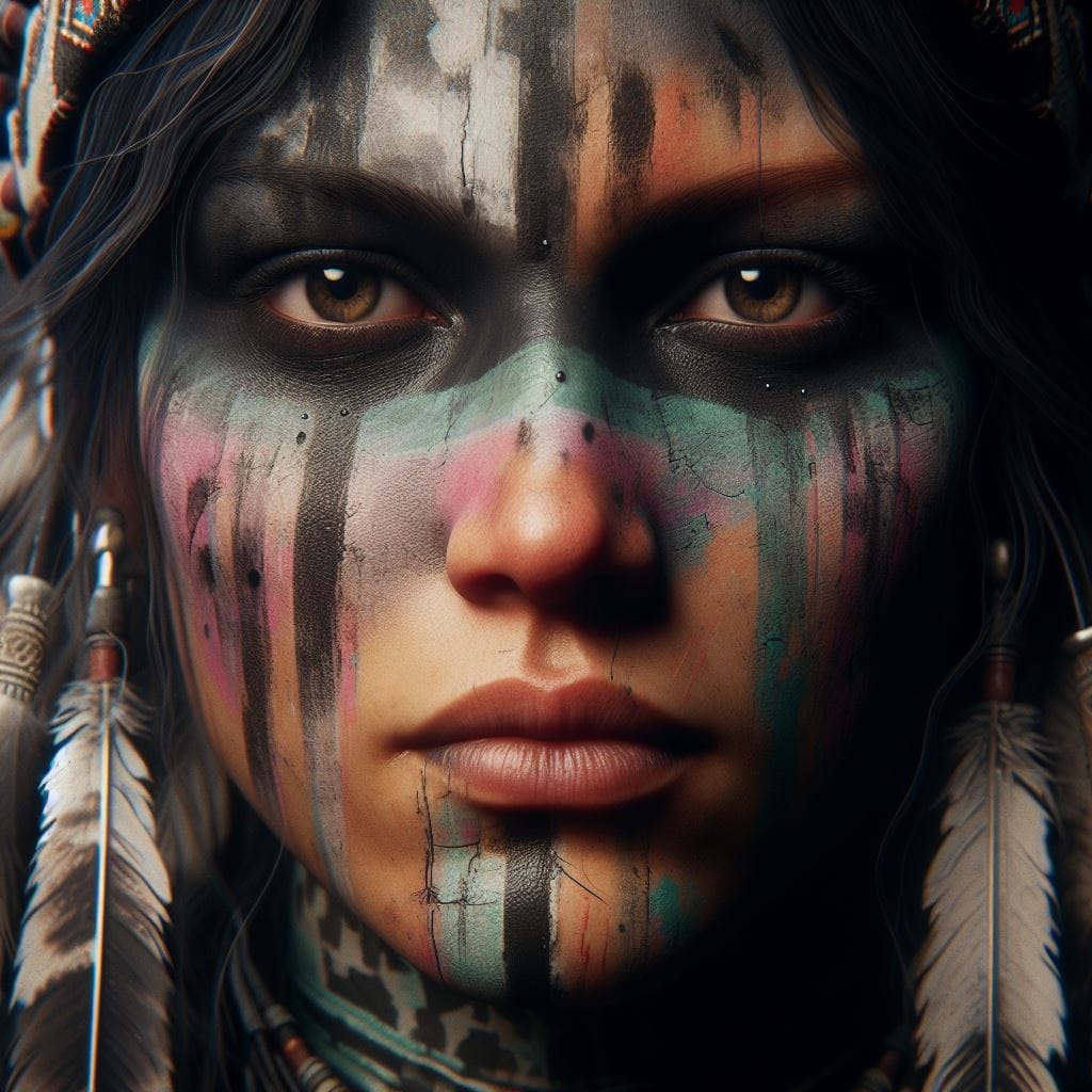 1446. PROMPT:
 Generate an image of {American Indian tribe} face, covered in {in…