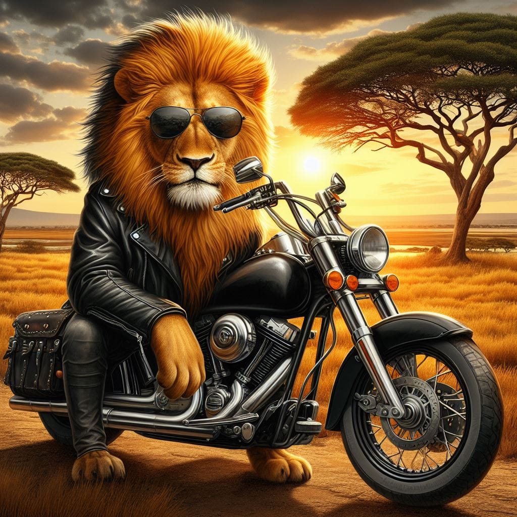 1448. PROMPT:
 Digital art. A Lion with attitude, he is wearing a black leather …