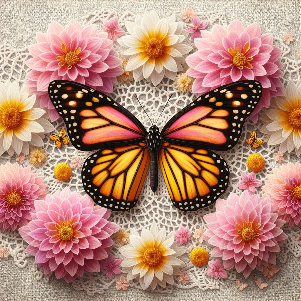 1451. PROMPT:
 Create a buterfly with pink and yellow dahlias and white lillies,...