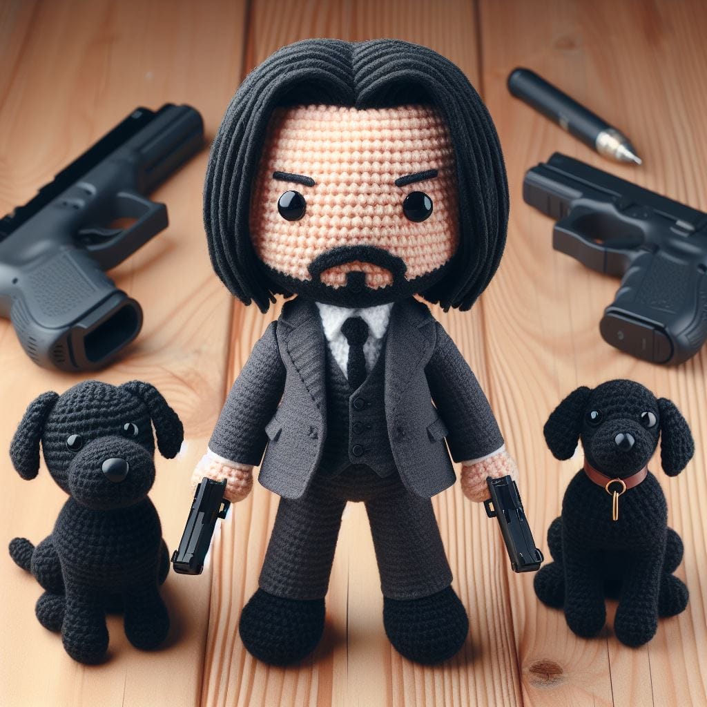 1452. PROMPT:
 Create a Amigurumi doll john wick character pose with gun toy and…