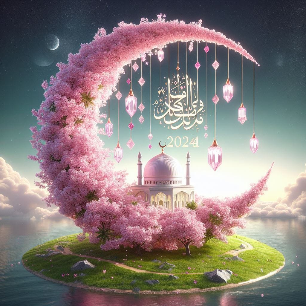 1456. PROMPT:
 A crescent moon decorated with pink cherry blossoms with the word…