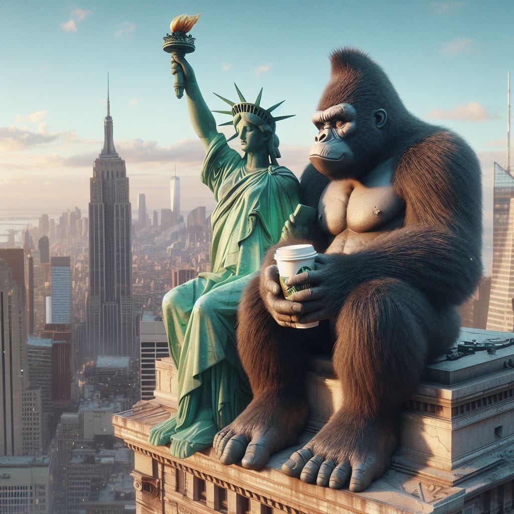1472. PROMPT:
 a statue of liberty and king kong sitting together on top of a bu...
