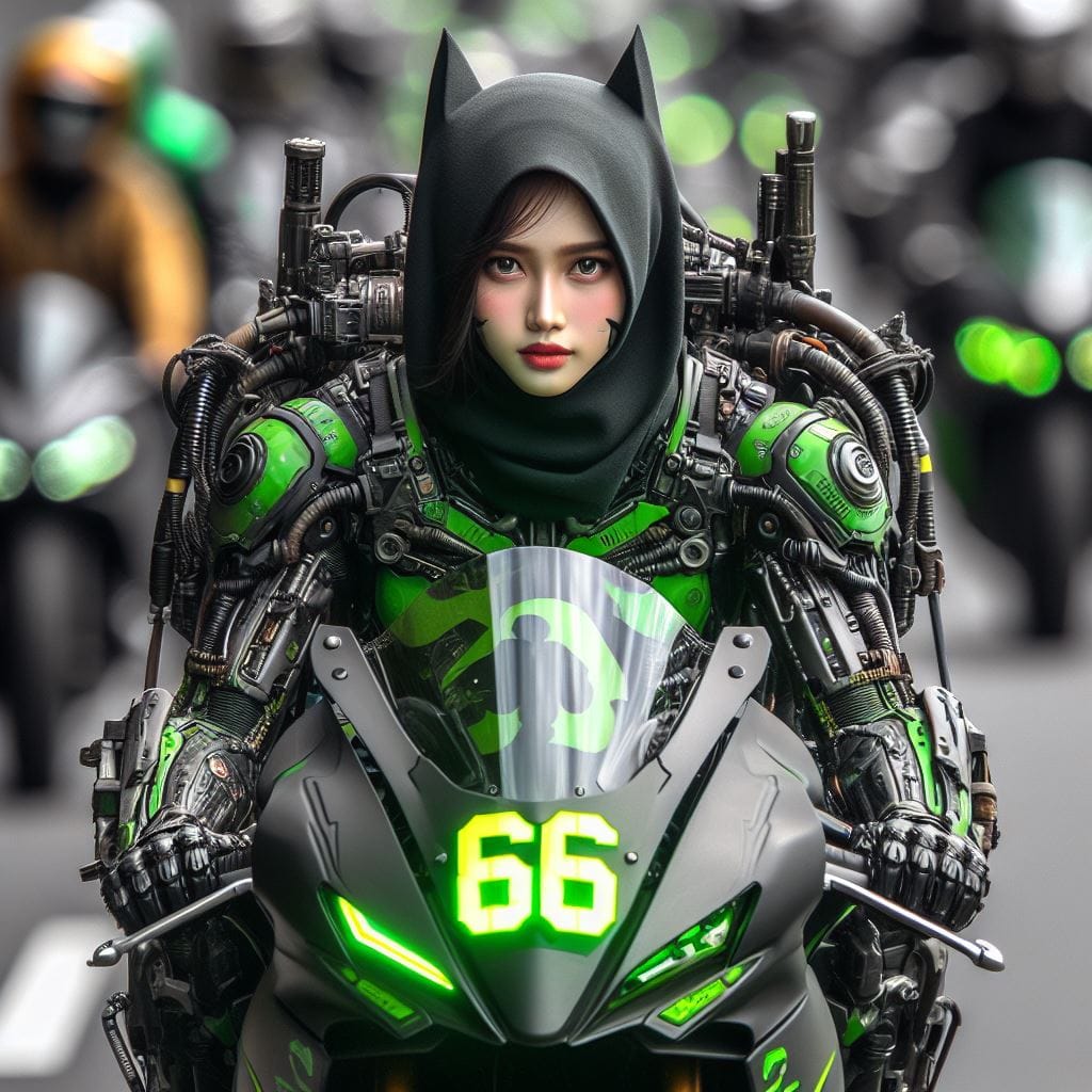 1474. PROMPT:
 photography, cyborg batman shaped like a motorbike, driven by a b...