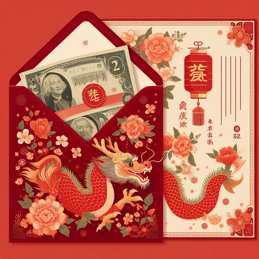 1488. PROMPT:
 cute Chinese dragon print on a Red letter envelope, and money ins…