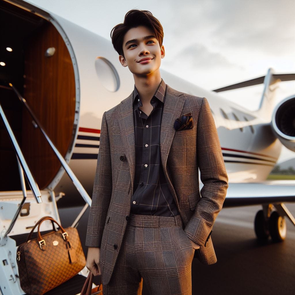 1521. PROMPT:
 an Indonesian boy 20yo, luxury suit, luxury bags, luxury shoes, s...