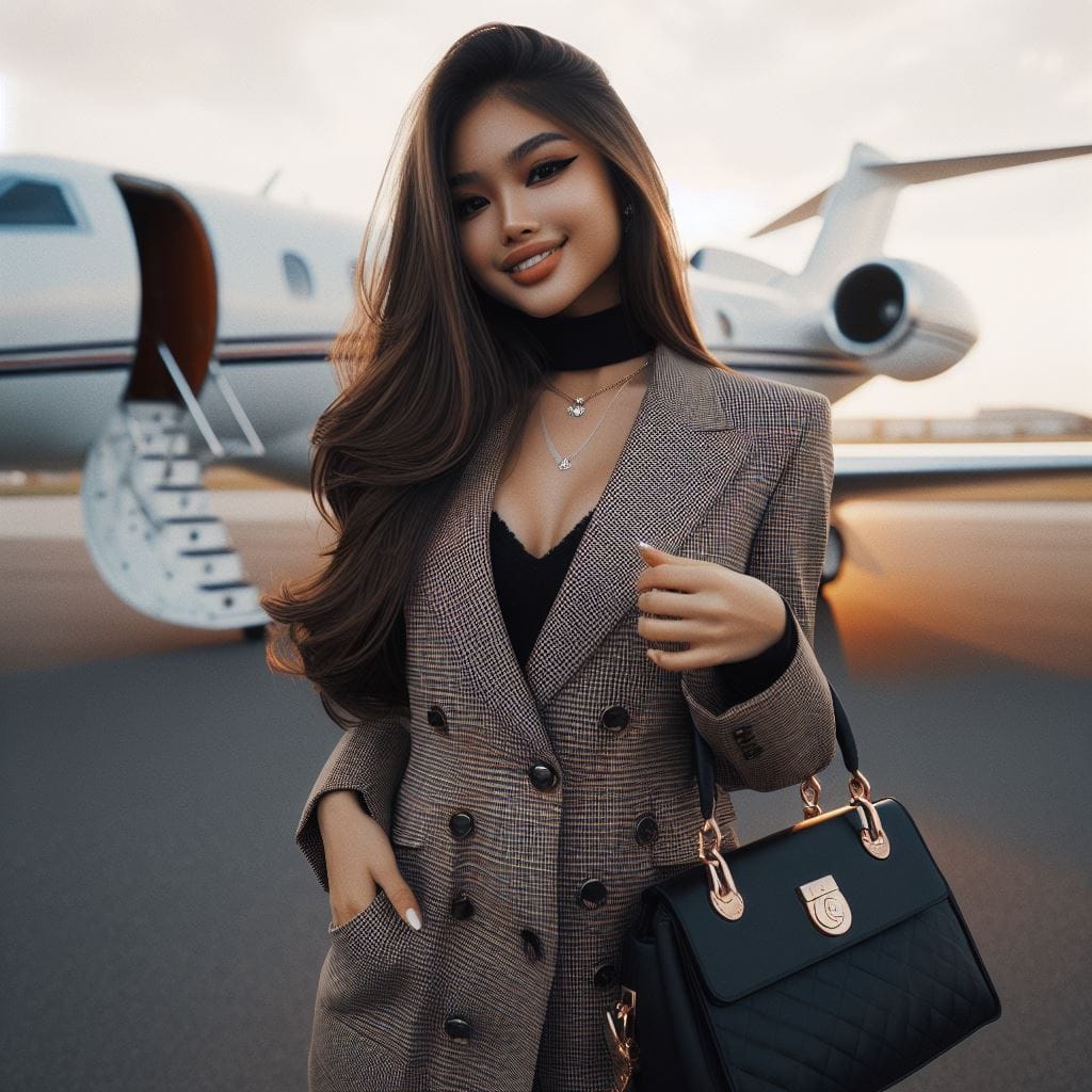 1522. PROMPT:
 an Indonesian girl 20yo, luxury suit, luxury bags, luxury shoes, ...