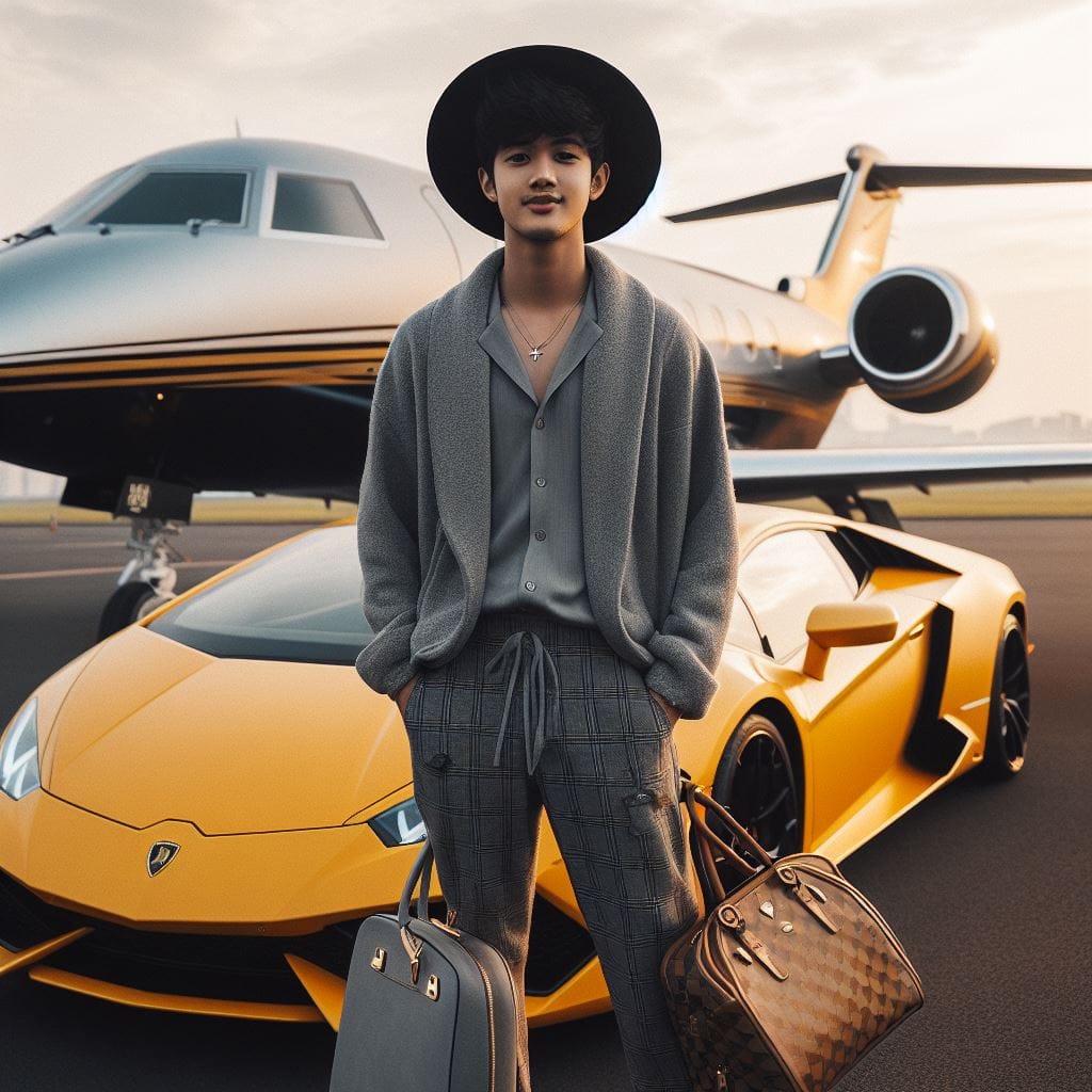 1524. PROMPT:

an Indonesian boy 20yo, luxury hat, luxury d
cloth, luxury bags, ...