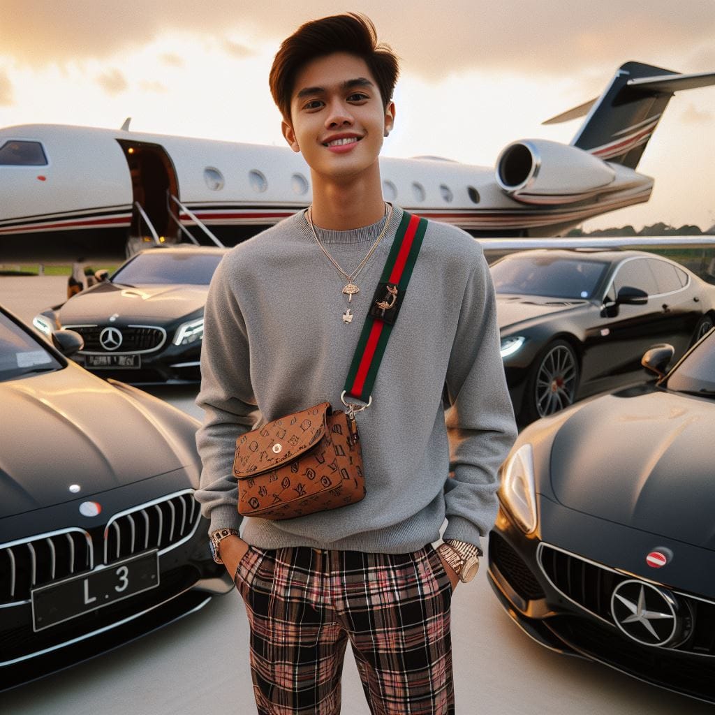 1525. PROMPT:

an Indonesian boy 20yo, luxury d
cloth, luxury bags, luxury shoes...
