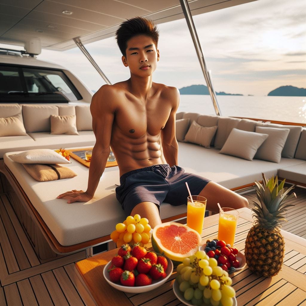 1531. PROMPT:
 an Indonesian boy 20yo, muscular body, sunbathing on the deck of ...