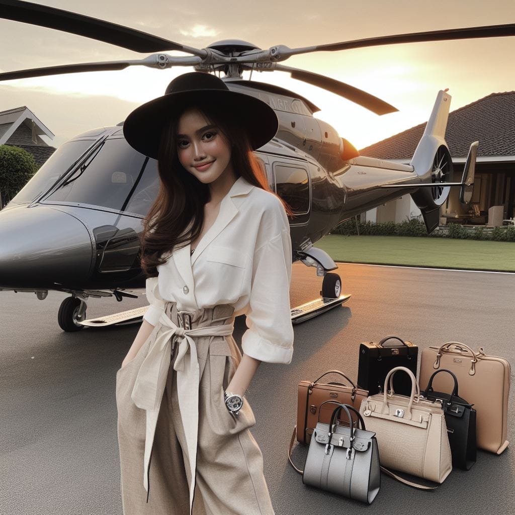 1532. PROMPT:

an Indonesian girl 20yo, luxury hat, luxury dress, luxury bags, l...