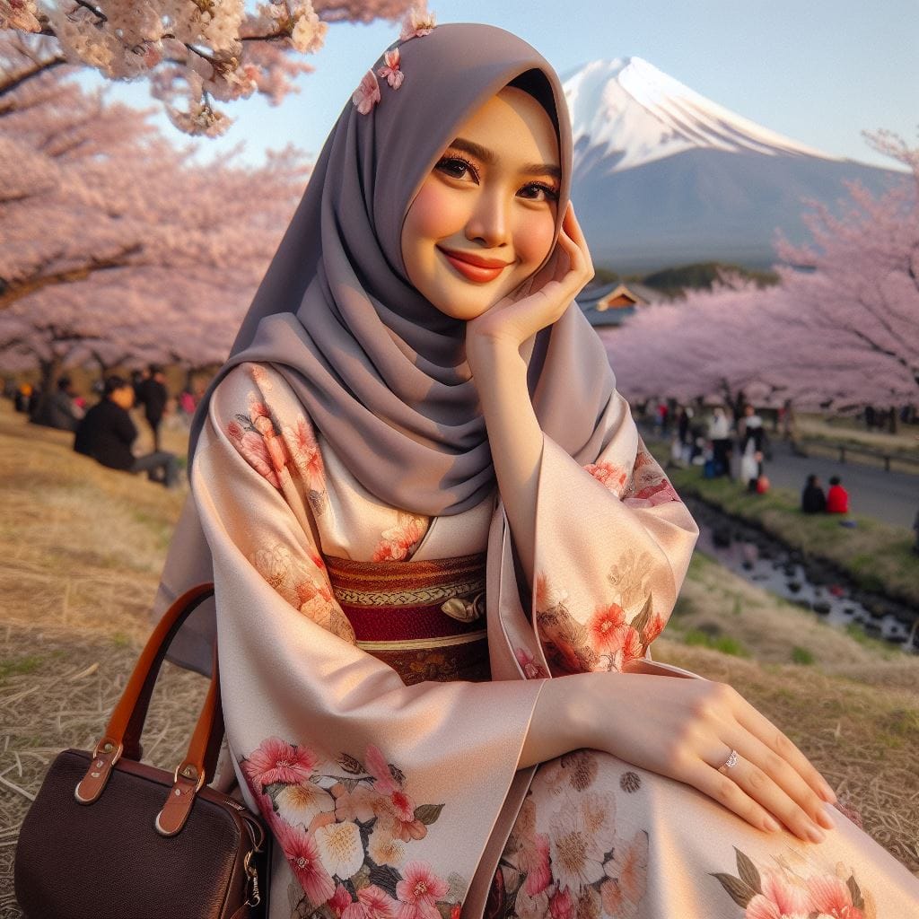 1550. PROMPT:

an Indonesian hijab girl 20yo, kimono long dress, luxury bags, lu...