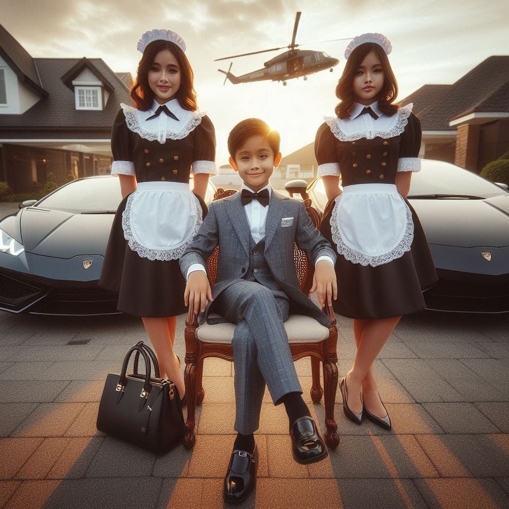 1561. PROMPT:

an Indonesian boy 10yo, luxury suit, luxury bags, luxury shoes, s...
