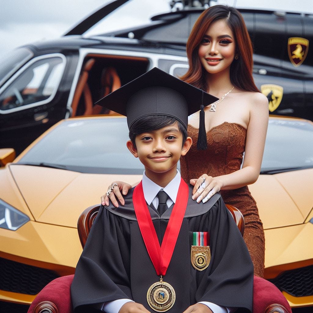 1574. PROMPT:

an Indonesian boy10yo, wearing a graduate gown with a graduation ...