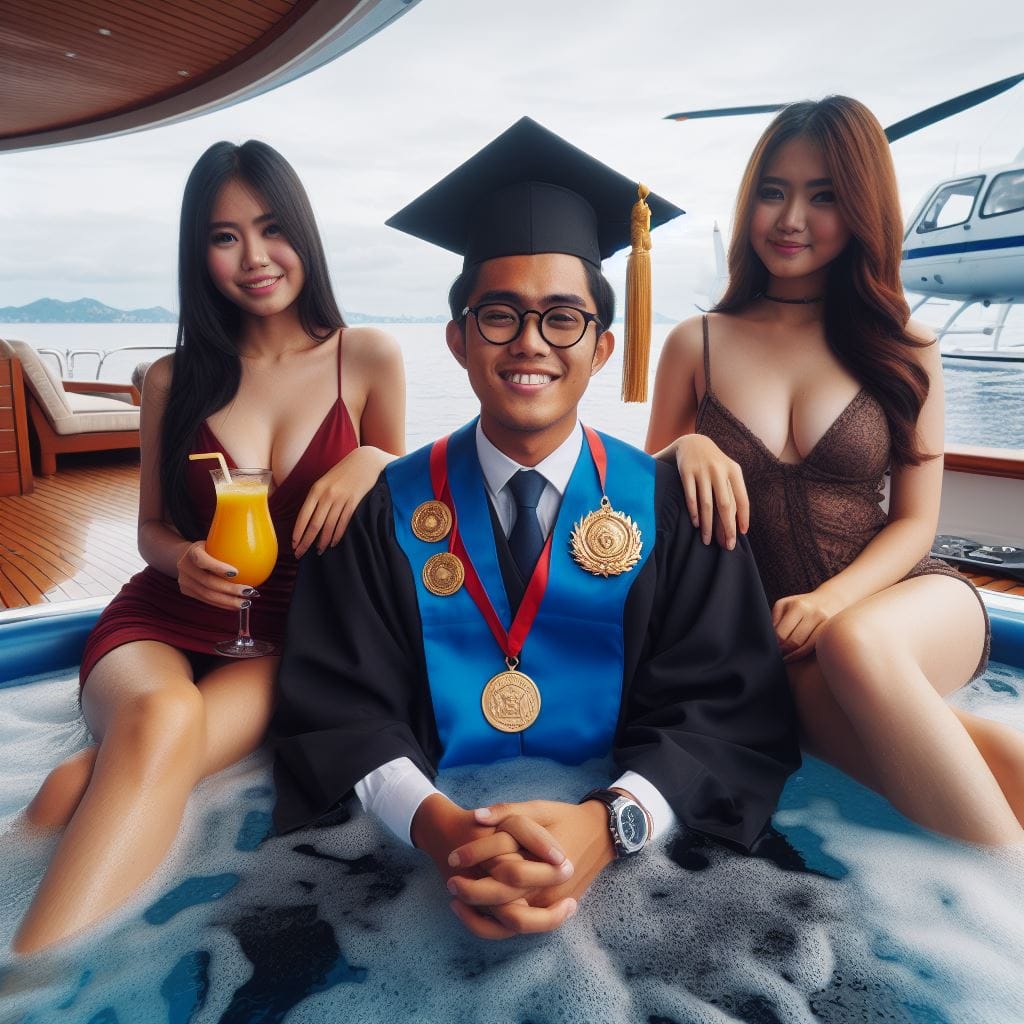 1576. PROMPT:

an Indonesian man 20yo wearing a graduate gown with a graduation ...