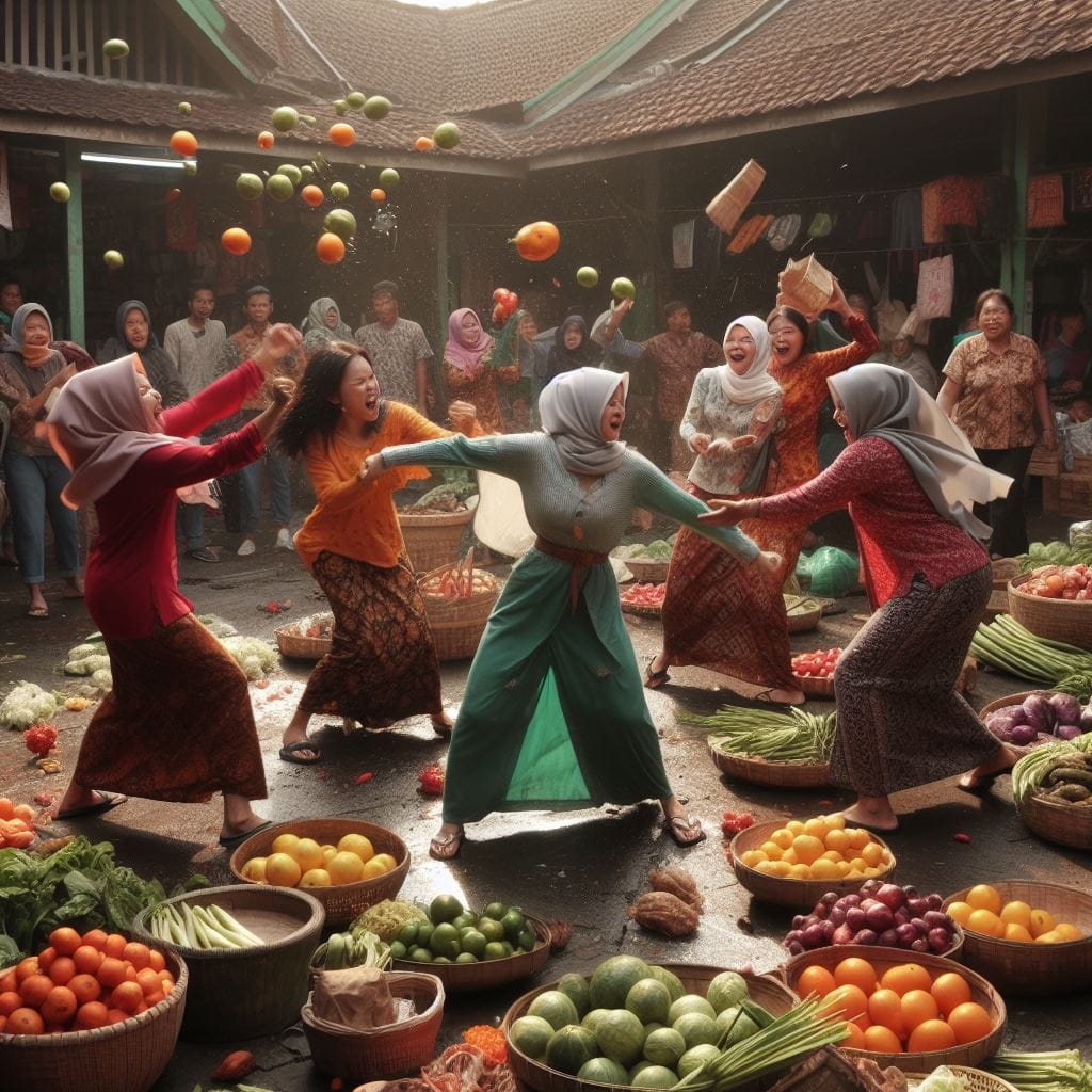 158. PROMPT:
 a group of Indonesian women, fighting in a traditional Indonesian ...