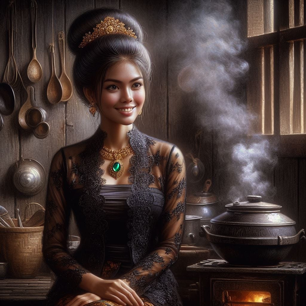 1581. PROMPT:

oil painting portrait of a Indonesian woman wearing a black kebay...