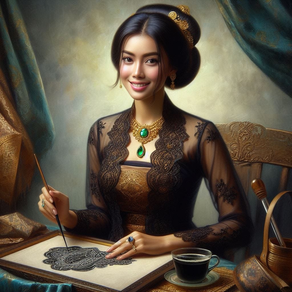 1582. PROMPT:

oil painting portrait of a Indonesian woman wearing a black kebay...