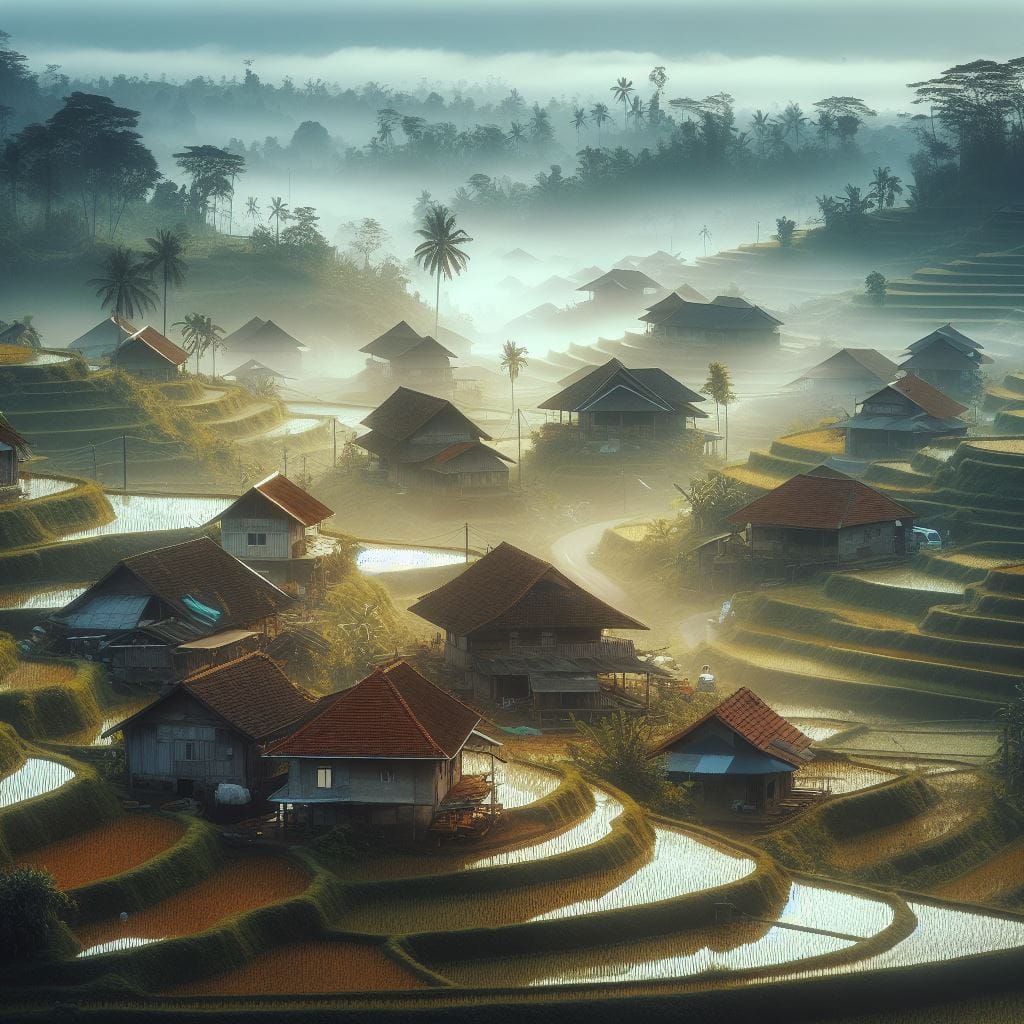 161. PROMPT:
 alam desa yg sejuk asri, rumah pedesaan indonesia, hamparab sawah ...
