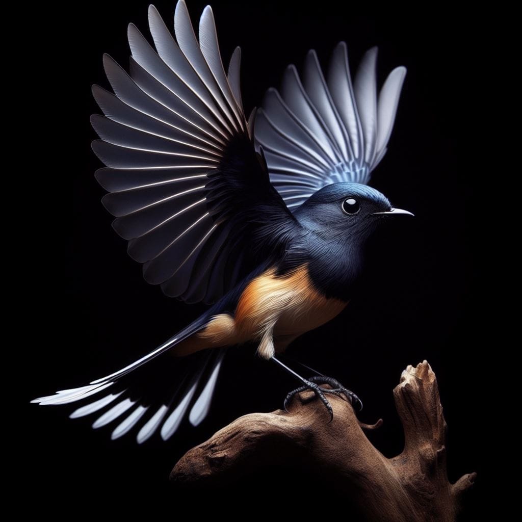 167. PROMPT:
 Burung Copsychus, dada oren, dan sayap full hitam, black backdrop,...