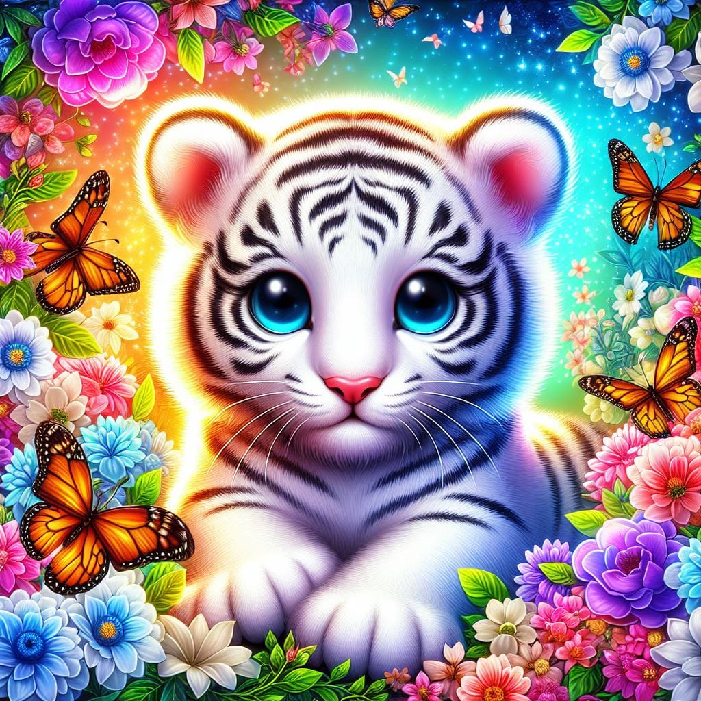 1681. PROMPT:
 create A vibrant Luminism image of a cute white tiger surrounded ...
