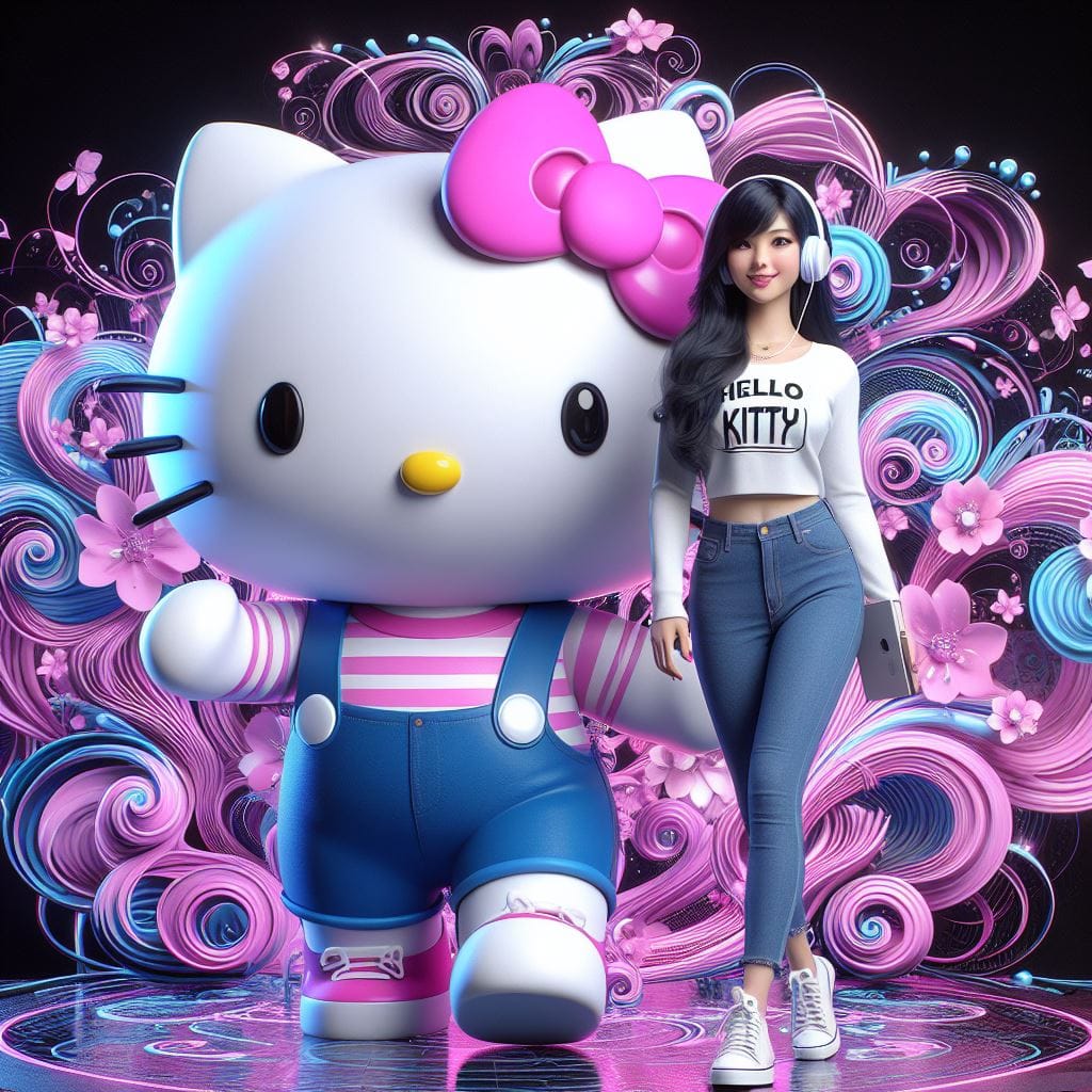 1689. PROMPT:

a realistic 3D Large hello kitty and a smiling beautiful indonesi...
