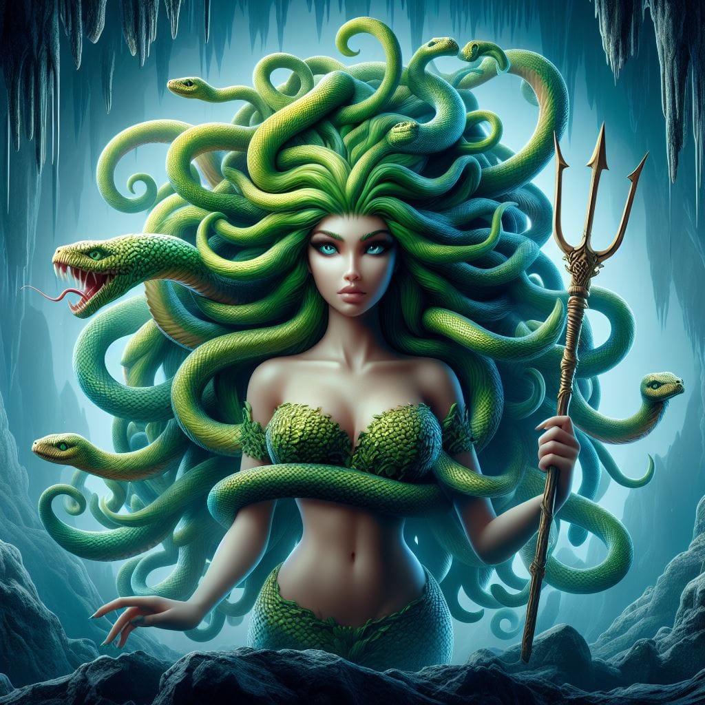 1718. PROMPT:
 karakter wanita berambut ular raksasa, di film " medusa ". wajah ...