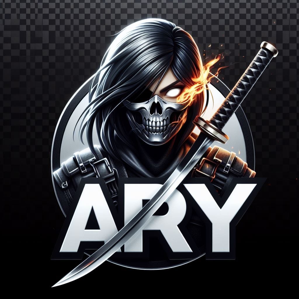 1720. PROMPT:
 3d logo "* ARY *" transparent mask skull assasin with fire effect...