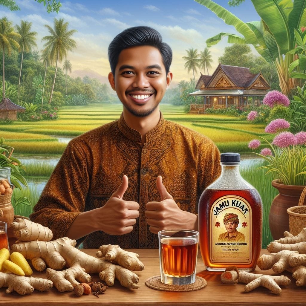 1747. PROMPT:

indonesian man wearing batik behind table with dew-covered bottle...