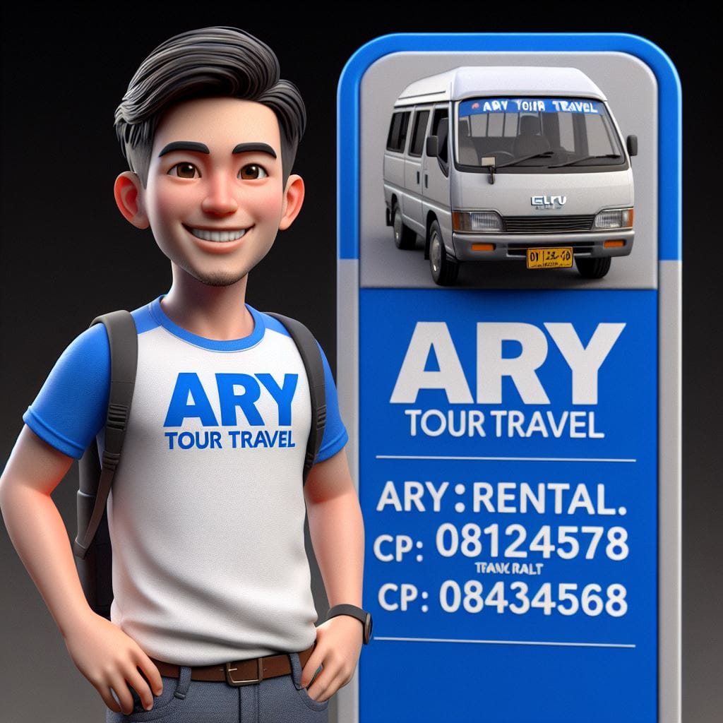 1786. PROMPT:

an 3d man smiling wear tlt-shirt name "   "ary tour travel" stand...