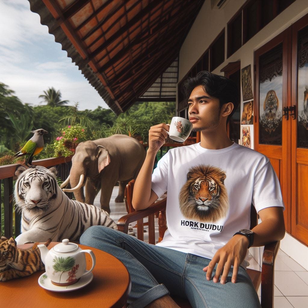 185. PROMPT:
 seorang pria muda Indonesia memakai kaos putih bertuliskan "HOROK"...