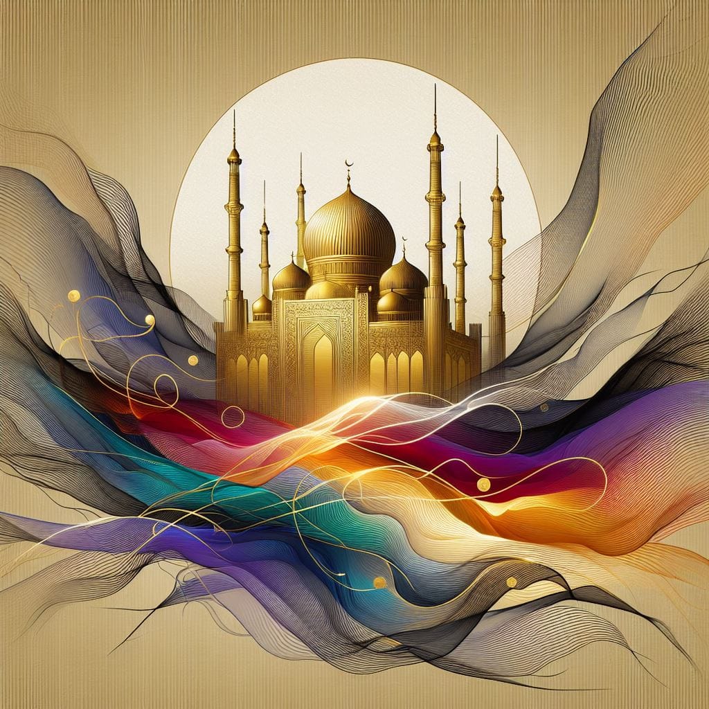 1874. PROMPT:

gold signature painting on rice paper, a beautiful Mosque, create...