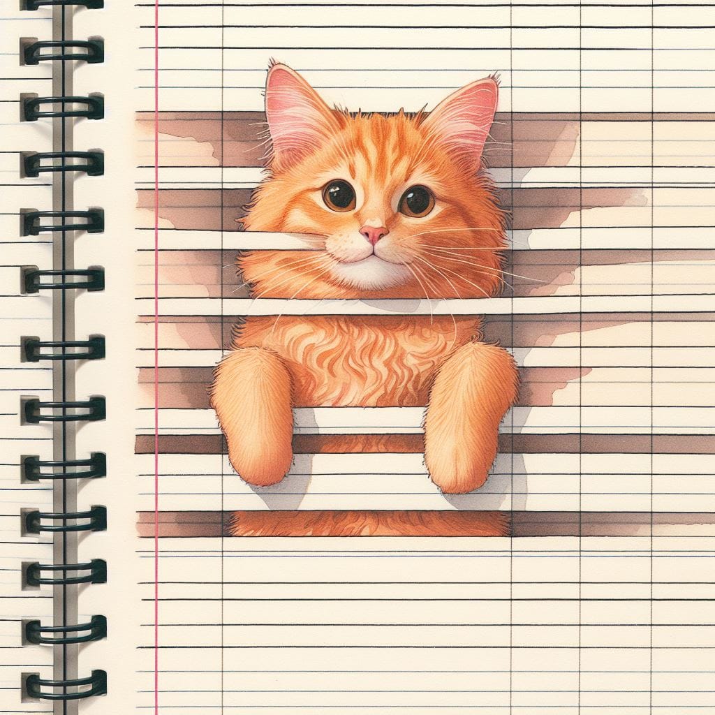 1876. PROMPT:
 a orange cat on line notebook paper, the dog its hanging behind w...