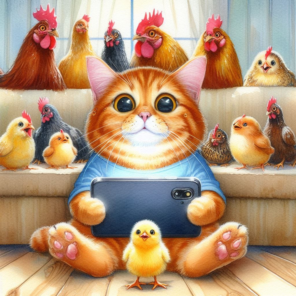 1877. PROMPT:
 a orange cat holding a smartphone with dozens of chickens, big an...