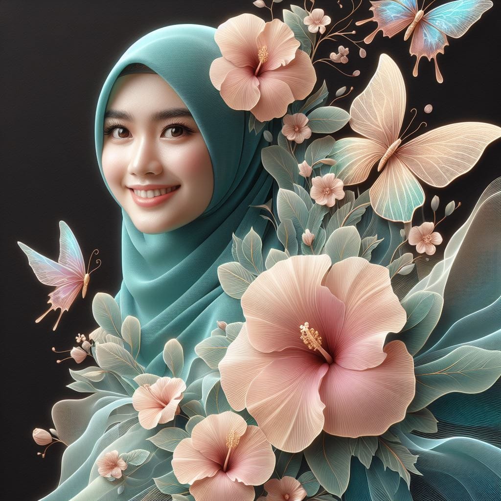 1894. PROMPT:

an indonesian hijab girl aged 20yo, smiling, surounding with Hibi...