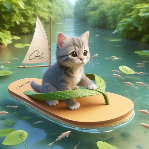 1905. PROMPT:
 picture 3D of a cute kitten riding on flip-flops with a pole and ...