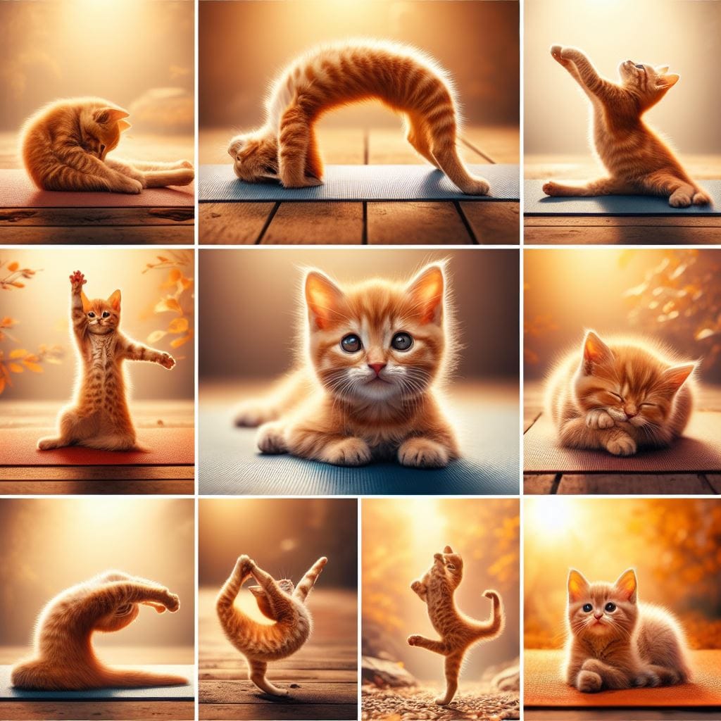1979. PROMPT:
 Collage of images of orange kitten performing different yoga posi...