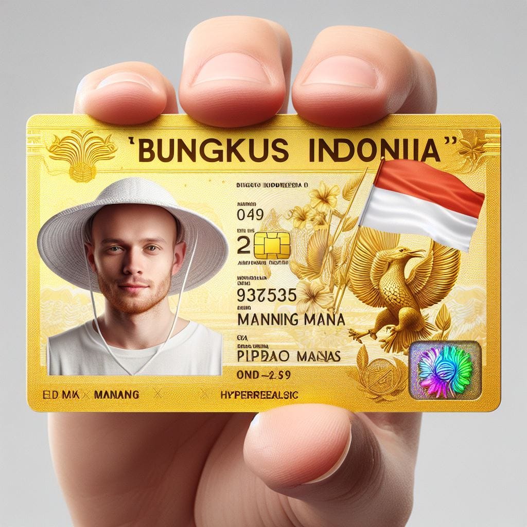 213. PROMPT:

'BUNGKUS INDONESIA' identity card (golden theme color), young men ...