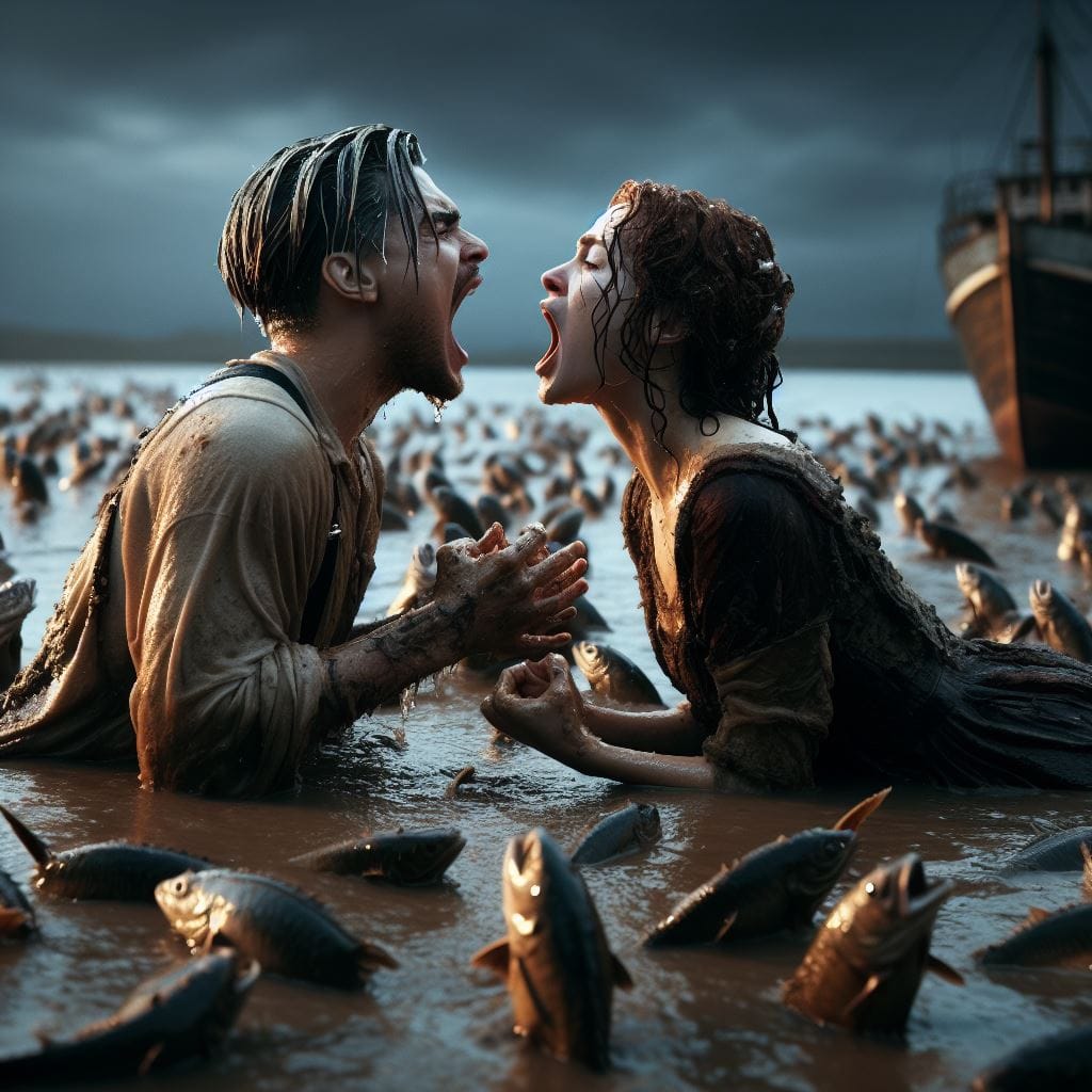 235. PROMPT:

buat (Jack dan Rose dari Titanic) menjerit, mereka berlutut, di ta...