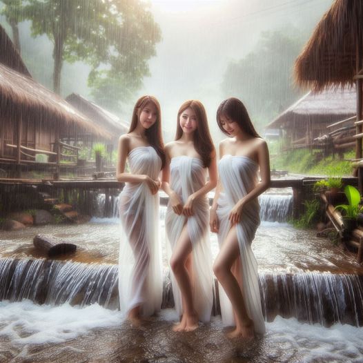 246. PROMPT:
 tiga wanita cantik umur 25, kain putih tipis dan pendek air terjun...