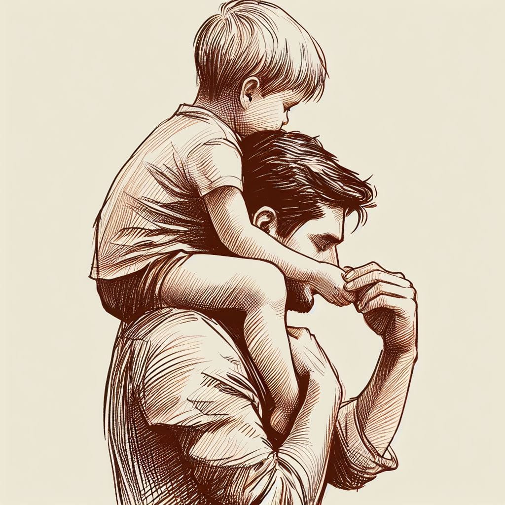 260. PROMPT:
 a gesture drawing of father supports child by the neck