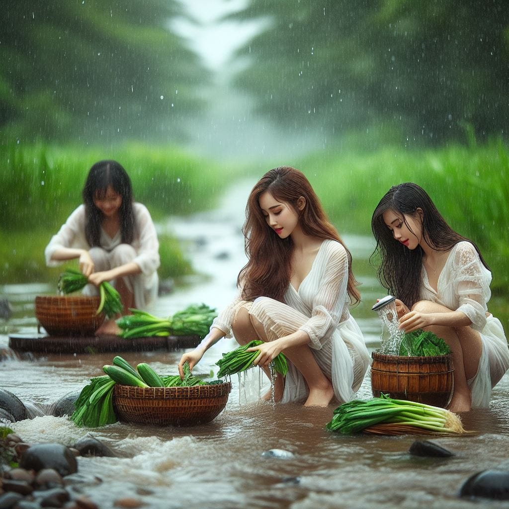 262. PROMPT:
 Foto 5D 3 wanita cantik indonesia lucu rambut panjang mencuci sayu...