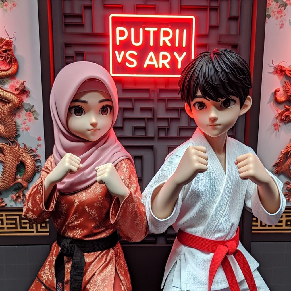 3. PROMPT:
 a 3d chinese hijab girl wearing karate uniform red belts stand fight...