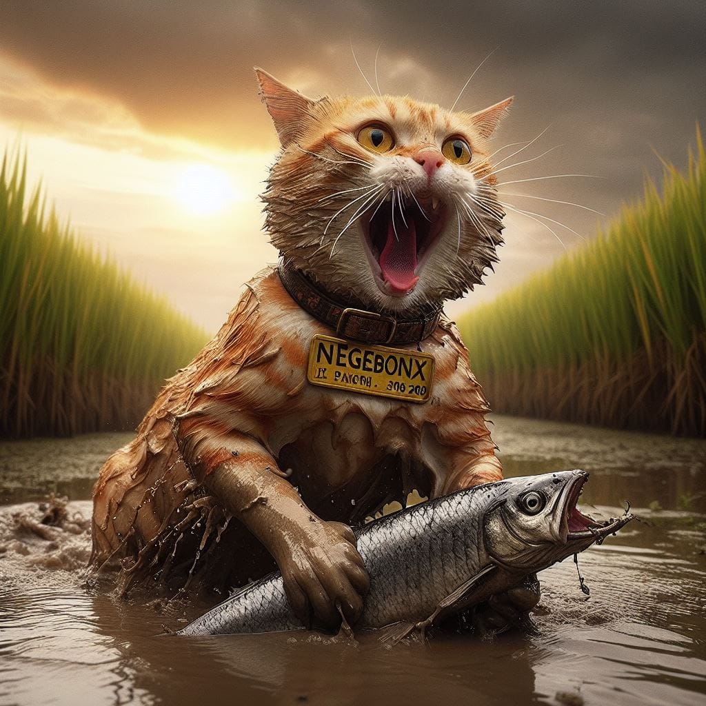 30. PROMPT:
 real photo, an orange cat catches a fish in a rice field. the cat's...