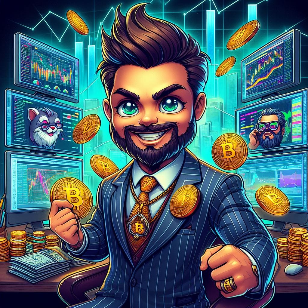 310. PROMPT:
 A rich crypto trader with modern style. Multiple computer screens ...