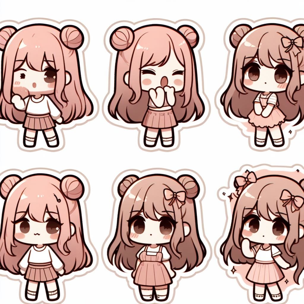 311. PROMPT:
 6 different simple stickers with cute chibbi girl with white borde...