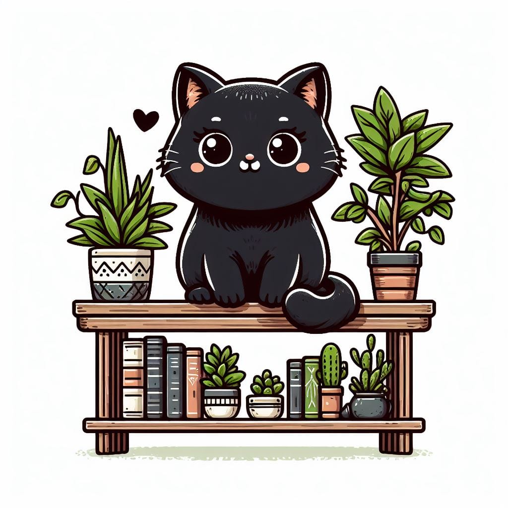 319. PROMPT:
 illustration of a cute black cat sitting on a bookshelf next to ho...