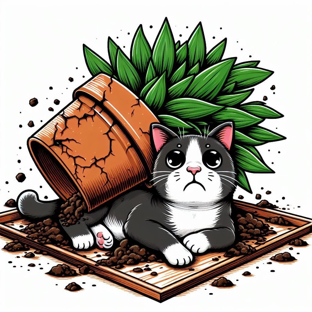 322. PROMPT:
 tipped over potted plant with dirt everwhere and a cute cat sittin...